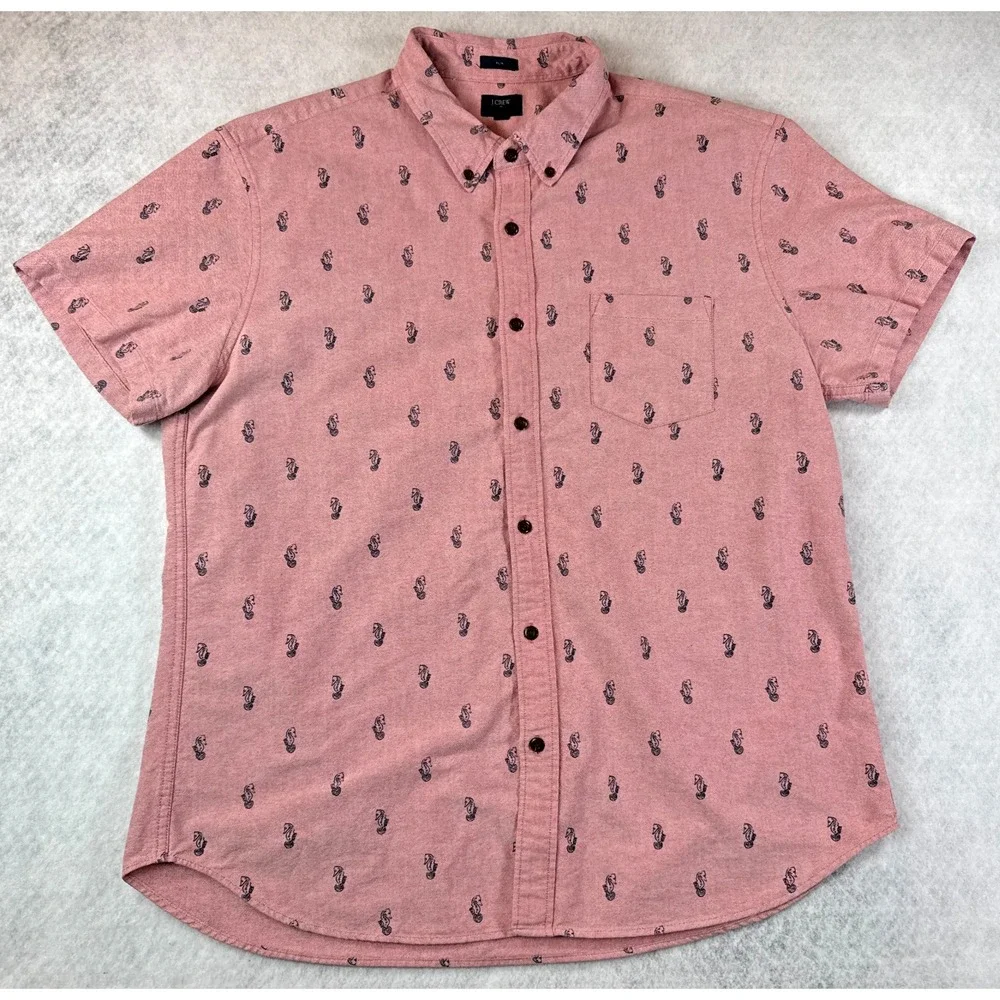 J Crew Oxford Mens XL Slim Fit Pink Seahorse Print Short Sleeve Button Up Shirt